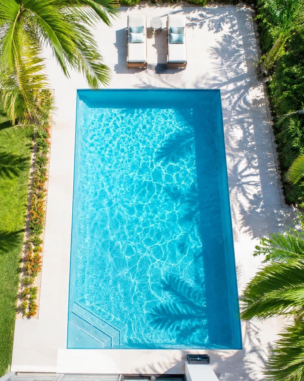 Overhead view of a sparkling clean residential pool
