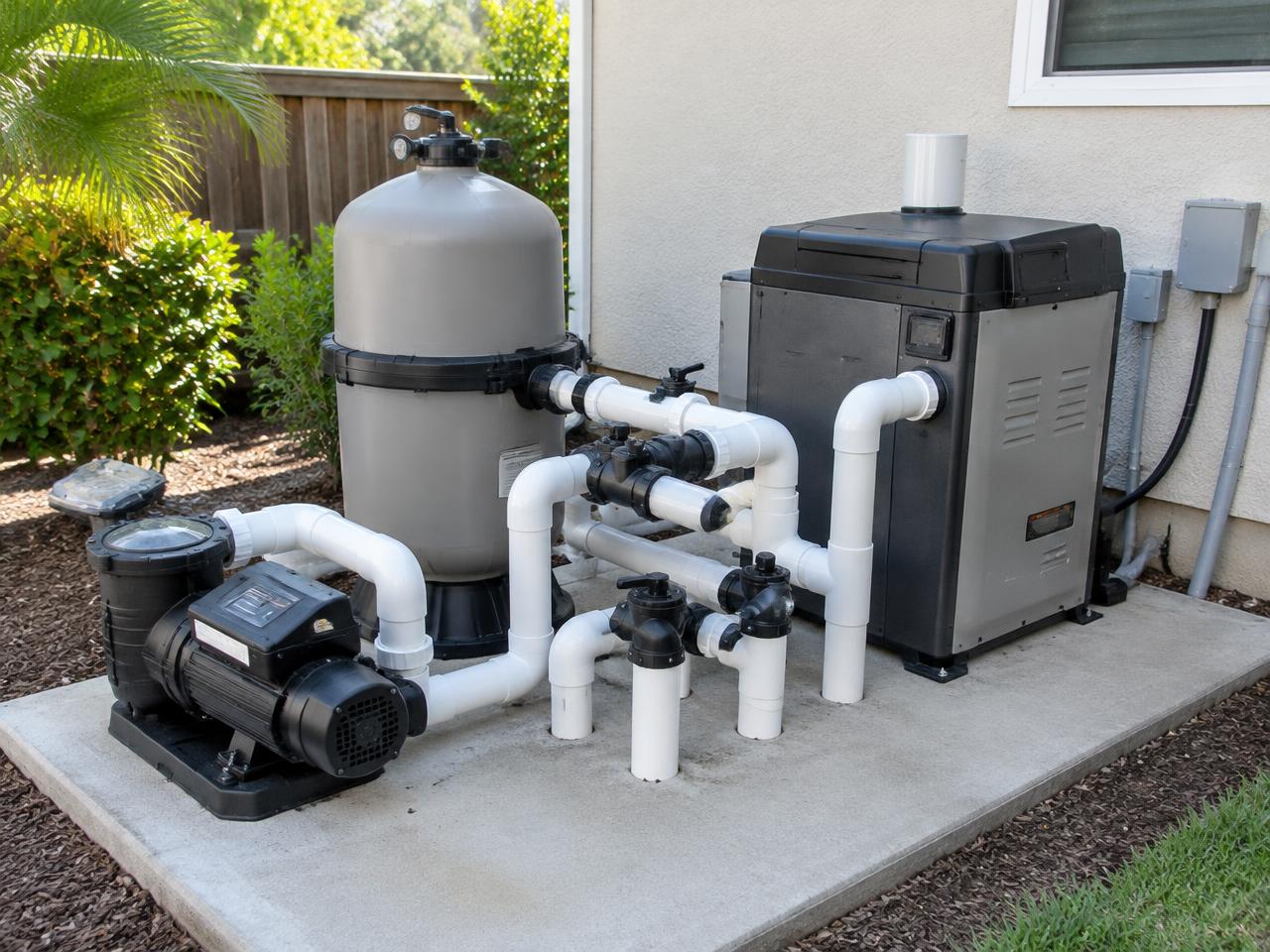 Residential pool equipment pad with a pump, filter, heater, and plumbing
